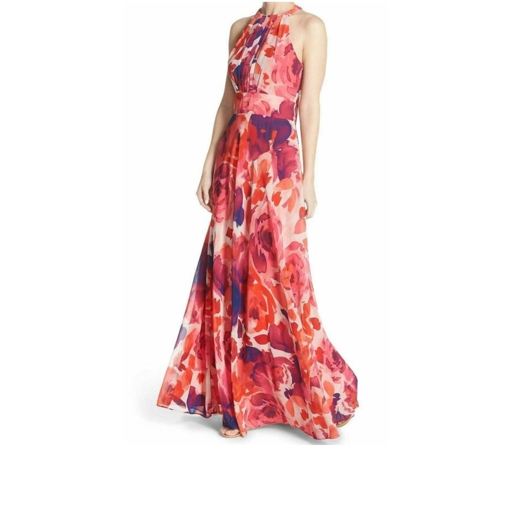 Eliza J Sleeveless Halter Neck Floral Print Chiffon A-line Pleated Maxi Dress 12 - Picture 3 of 12